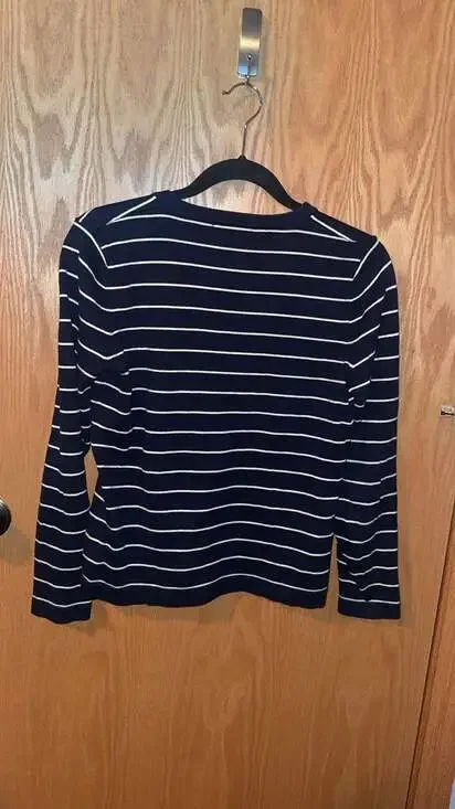 Lauren Ralph Lauren Navy Blue and White Striped Lace-Up V-Neck Cotton Sweater - Picture 2 of 3